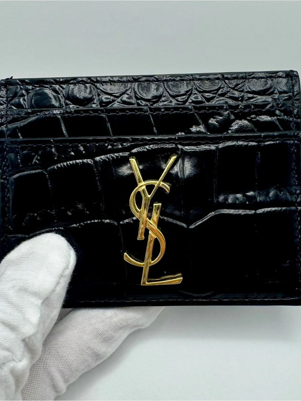 Saint Laurent Black Croc Embossed Card Case with Gold YSL Logo NWOT